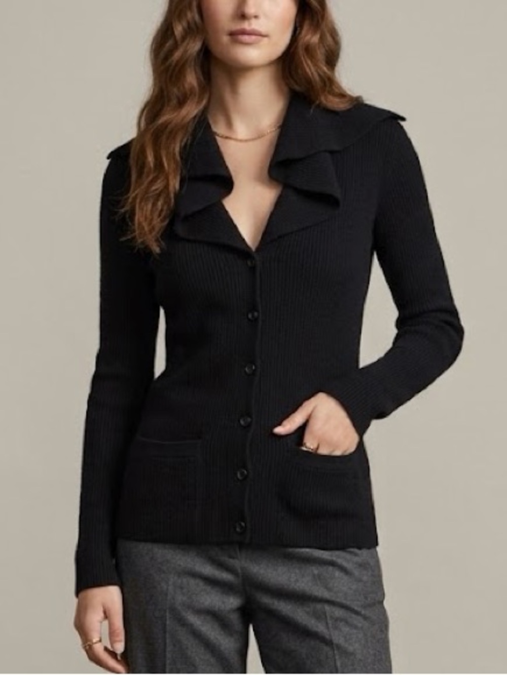 Ralph Lauren Black Label 100% Cashmere Ribbed Cardigan Ruffle Collar Black S